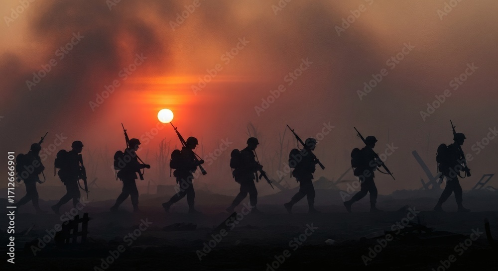 Fototapeta premium Silhouette of soldiers walking at sunset with smoke in the background, symbolizing conflict and determination.