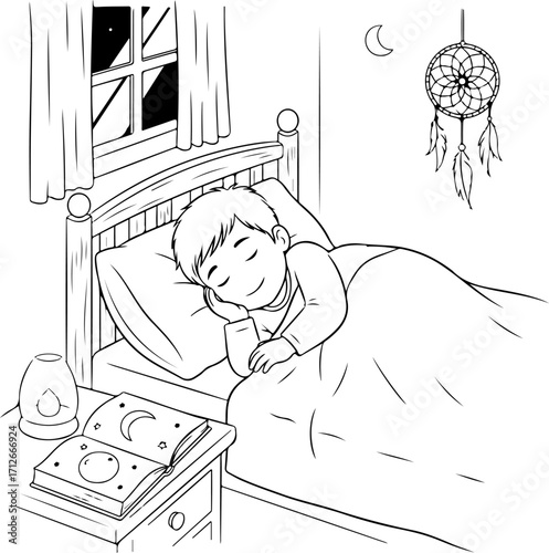 A young boy peacefully sleeping in his bed at night, with a dreamcatcher hanging above and a book open on his nightstand.