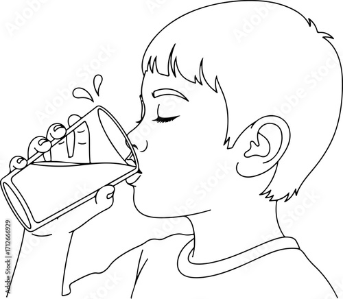 A young boy with his eyes closed is drinking a glass of water, with a few drops splashing out.