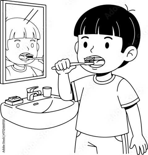A young boy brushing his teeth in front of a bathroom mirror, with a sink and soap nearby.