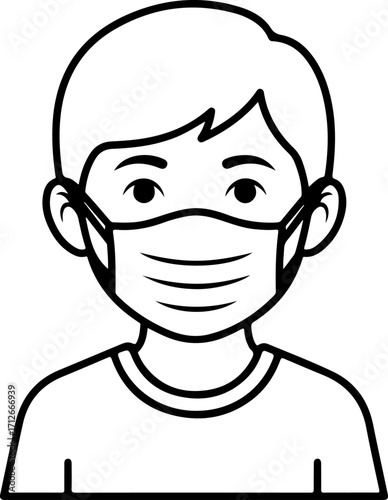 A simple black and white illustration of a person wearing a face mask, depicting health and safety measures.