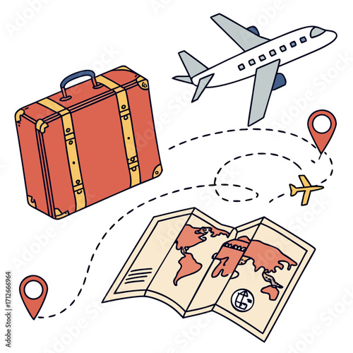 A vintage red suitcase and a world map with airplane routes and location pins symbolizing travel and adventure planning for a global journey