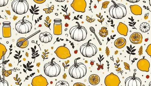 seamless vector pattern with honey pumpkin lemon in vector
