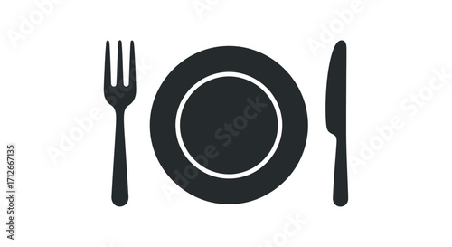 Simple black silhouette of a dinner plate with a fork and knife.