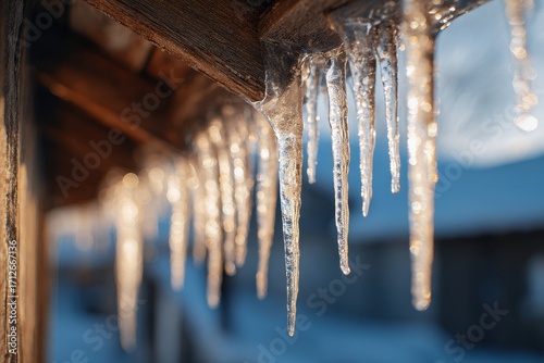 Icicles Hanging from Wooden Beam, Winter Scene, Close-up View.