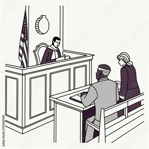 A judge presides over a courtroom scene with an american flag and a defendant and their lawyer seated at a table illustrating legal proceedings and justice