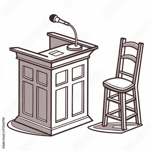A simple illustration of a wooden podium with a microphone and a tall wooden chair for a speaker or presenter in a courtroom or lecture hall setting