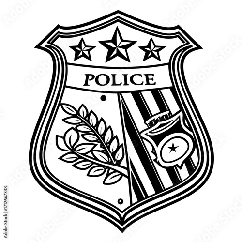 A stylized black and white illustration of a police badge featuring three stars above the word police and a laurel branch on the left side symbolizing honor and achievement