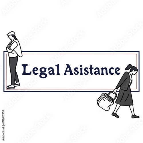 Stylized illustration of two women and a sign that reads legal assistance representing legal support and professional services for individuals seeking legal counsel or representation