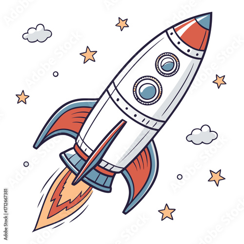 A whimsical cartoon rocket ship blasts off into the starry night sky surrounded by fluffy clouds and twinkling celestial bodies symbolizing adventure and exploration