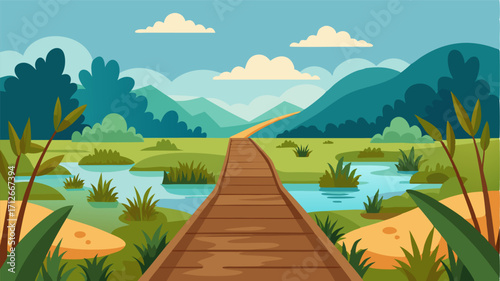 A rustic trail leading through a wetland offering a peaceful and picturesque walk amidst the natural beauty of this unique ecosystem.