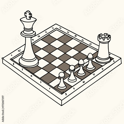 Isometric chess board with white pieces, featuring a king, rook, and pawns, arranged for a strategic game, showcasing a classic strategy and simplicity