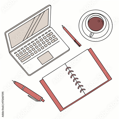 Topdown illustration of a laptop, notebook, coffee, and pen, ideal for showcasing a productive workspace