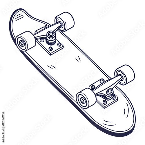 A handdrawn illustration of a skateboard, showcasing its deck, trucks, and wheels, perfect for skateboarding enthusiasts and design projects