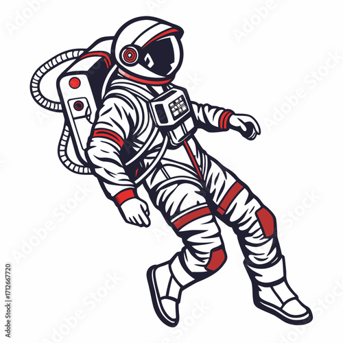 Stylized illustration of an astronaut in a white and red spacesuit floating in zero gravity against a white background symbolizing exploration and the cosmos