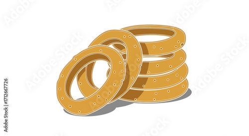 Stack of golden onion rings on a white background.