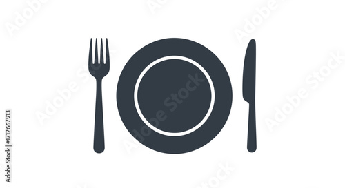 Simple graphic of a plate fork and knife for dining.