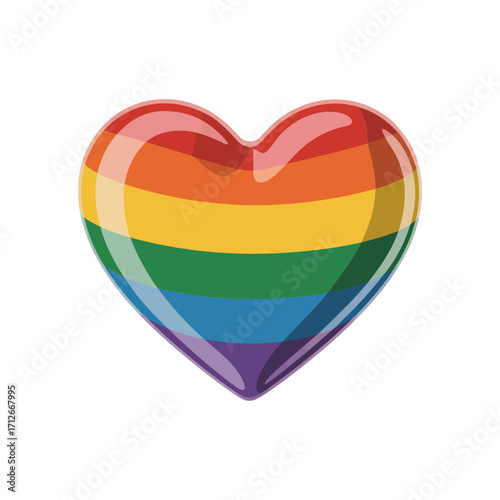 LGBT rainbow heart icon, vibrant glossy stripes, romantic symbol, vector illustration, printable decal, poster element, supportive community artwork