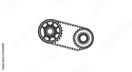 Monochrome icon of a mechanical gear and belt system.