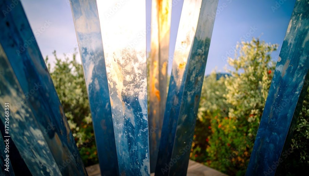 Fototapeta premium Looking Through Metal Structure to Greenery and Sky