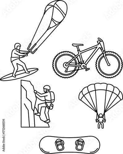 Extreme sports icons | surfing, mountain biking, rock climbing, skydiving, snowboarding | outline vector set.