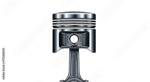 Automotive engine component piston with rings and connecting rod.