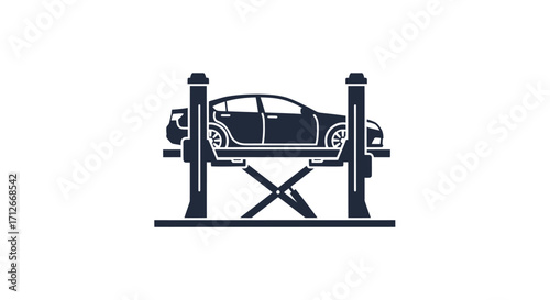 Black silhouette icon of a car on a workshop lift.