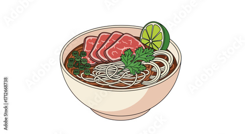 A delicious bowl of Vietnamese pho noodle soup with beef and lime.