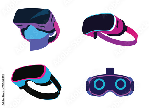 Four stylized virtual reality headsets in purple blue and pink VR headset technology