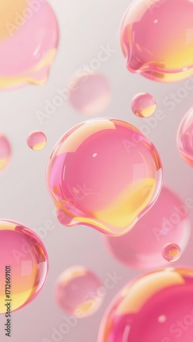 Floating translucent pink and yellow liquid droplets with reflective surfaces