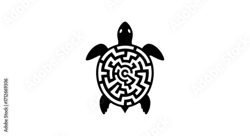 Stylized black sea turtle with a circular maze shell design.