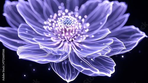 Glowing Purple Flower with Sparkling Effects on Black Background.