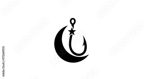 Creative fishing hook logo with crescent moon and star silhouette.