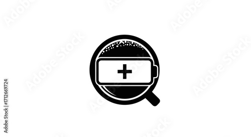 Magnifying glass icon examining a battery with a plus sign.
