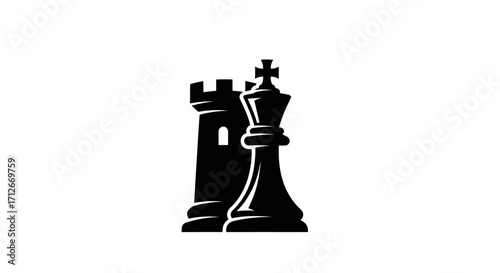 Minimalist Black Silhouette Icon of King and Rook Chess Pieces.