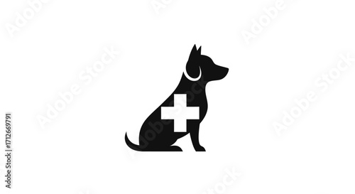 Veterinary clinic logo with dog silhouette and medical cross symbol.