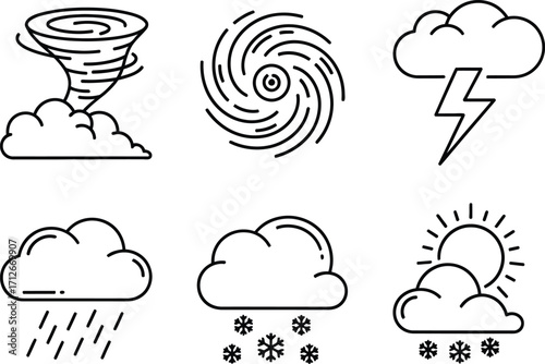 Weather icons set | storm, tornado, rain, snow, sun and cloud symbols | minimal outline vector illustration.