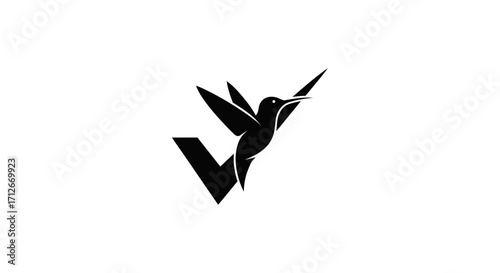 Minimalist hummingbird checkmark logo design vector illustration.