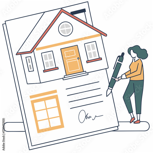 Home loan agreement with a house illustration and a person signing the document, representing the finalization of the mortgage