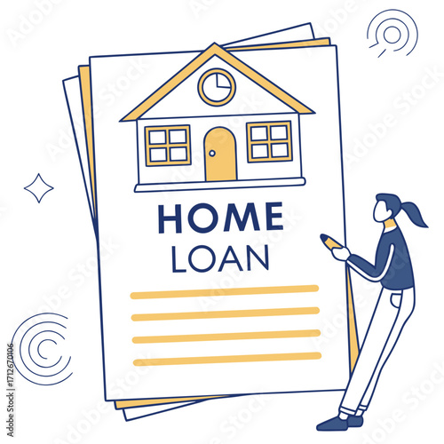 Home loan application with a house illustration and a person holding a pen, representing the process of applying for a mortgage