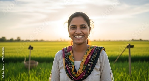 Smiling woman in vibrant field at sunset.