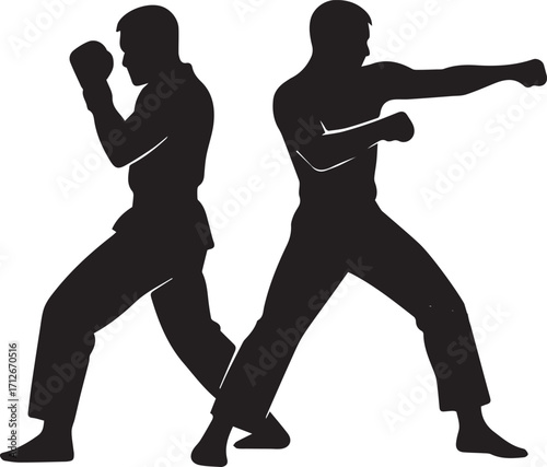 Silhouette of Martial Artists Sparring in Action Pose – Karate, Kickboxing or MMA Training