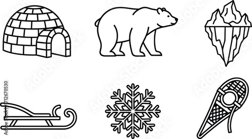 Igloo, Polar Bear, Iceberg, Sled, Snowflake, and Snowshoe | Arctic Winter Symbols | Cold Climate and Frozen Nature | Black and White Line Art Vector.