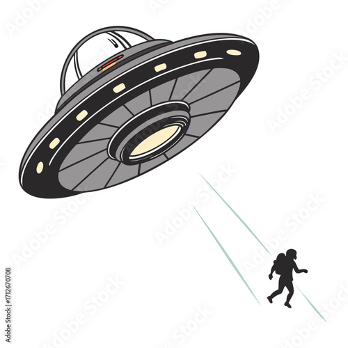 A cartoonish depiction of a flying saucer abducting a person, the scene shows a classic scifi trope with a retro aesthetic