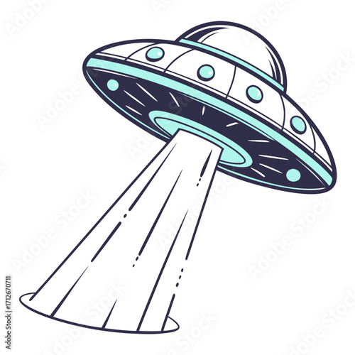 A cartoonish drawing of a flying saucer emitting a light beam, the ufo is depicted in a simple, outlined style, reminiscent of classic scifi