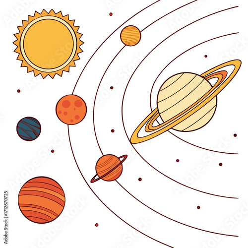 Illustration of the solar system with the sun and planets orbiting around it, the planets are depicted in a cartoon style with different colors