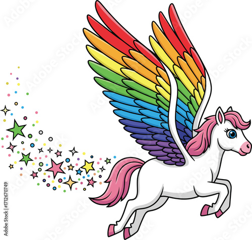 Magical pegasus unicorn with rainbow wings and star trail