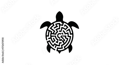 Black turtle silhouette with a complex circular maze shell design.