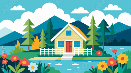A vintage lakeside cabin with a white picket fence surrounded by vibrant wildflowers and the gentle lapping of the water against the dock.