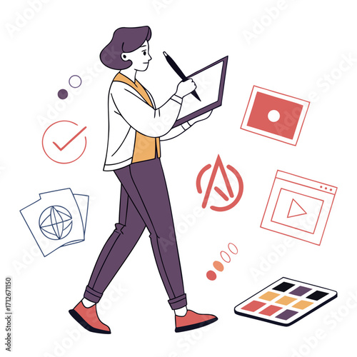 A female graphic designer is using a digital tablet to create visual content, surrounded by design elements